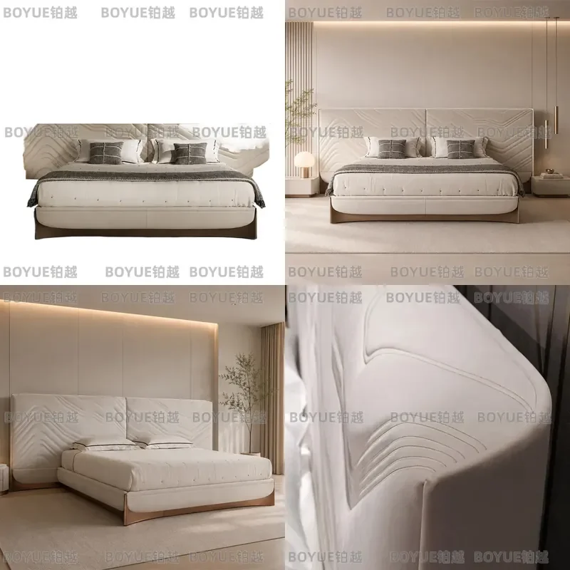Italian Light Luxury Matte Fabric Bed Large Flat Wide Screen Master Bedroom Villa Style Mountain Design Upholstered Platform
