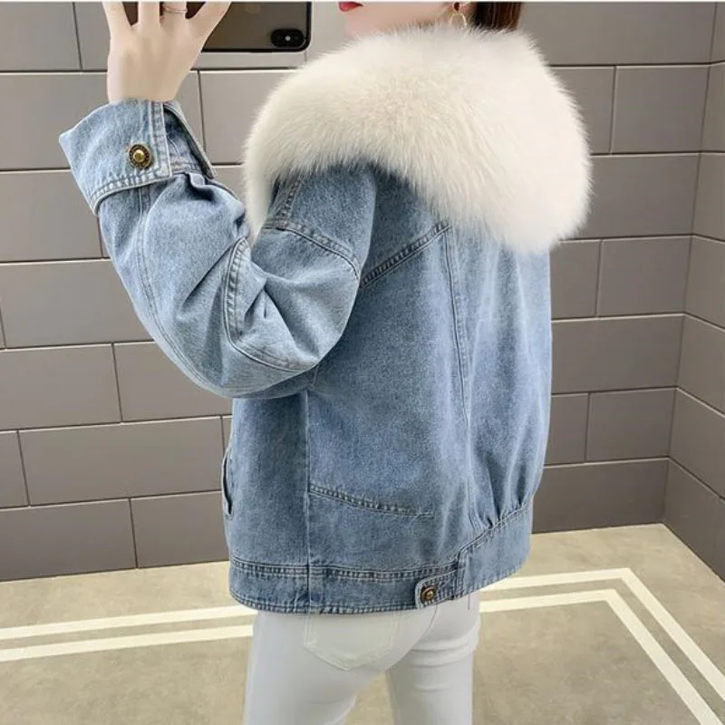 Big Fur Collar Thicke Cowboy Pie To Overcome Women's Overcoat Loose Fur One Coats Cold Protection Cotton Coat Autumn Winter