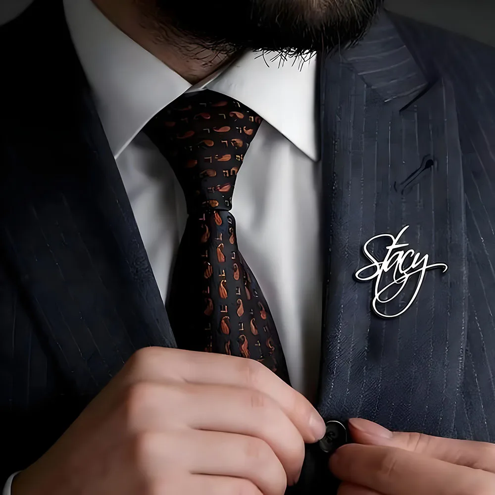 Custom Signature Name Lapel Pin Personalized Cursive Script Badge 18K Gold Plated Stainless Steel for Men Business Suit Wedding view 4