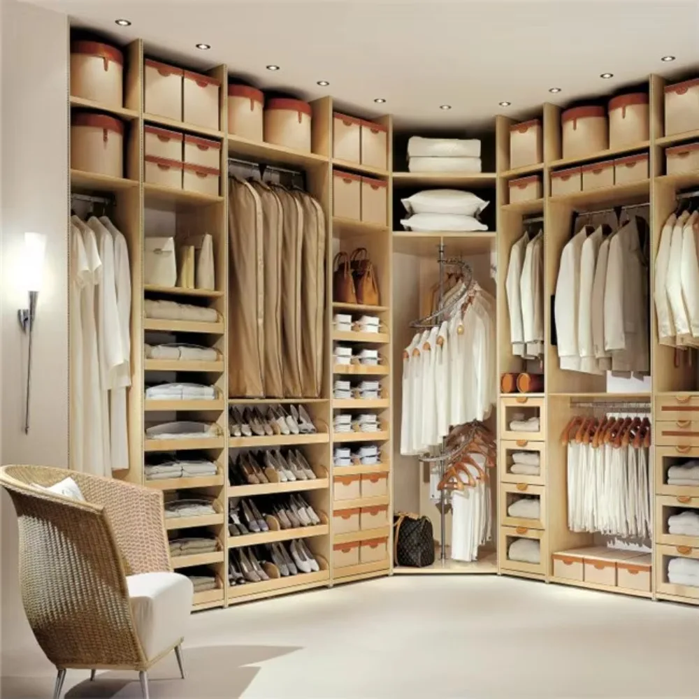 L-Shaped Timber Look Wardrobe with Corner Design for Small Bedrooms and Modern Living Spaces