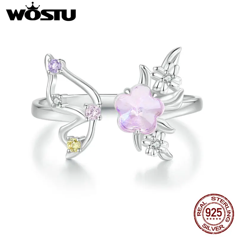 WOSTU Open Ring 925 Sterling Silver Pink Butterfly Ring with Pink Glass for Women Girl Party Birthday Gift Fine Jewelry FIR1011