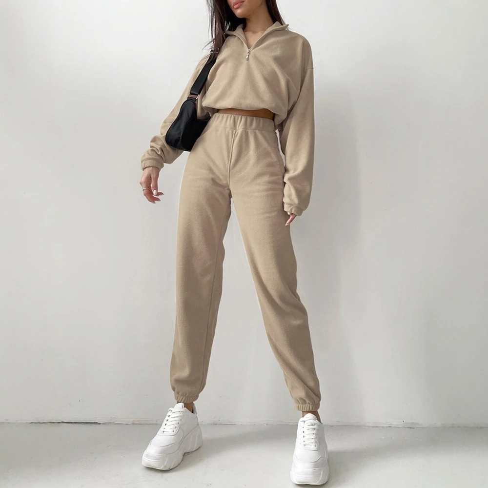 Set di pantaloni casual autunno inverno da donna, comodi, semplici, semplici, con cerniera, manica lunga, risvolto, elastico in vita, caviglia, set quotidiano