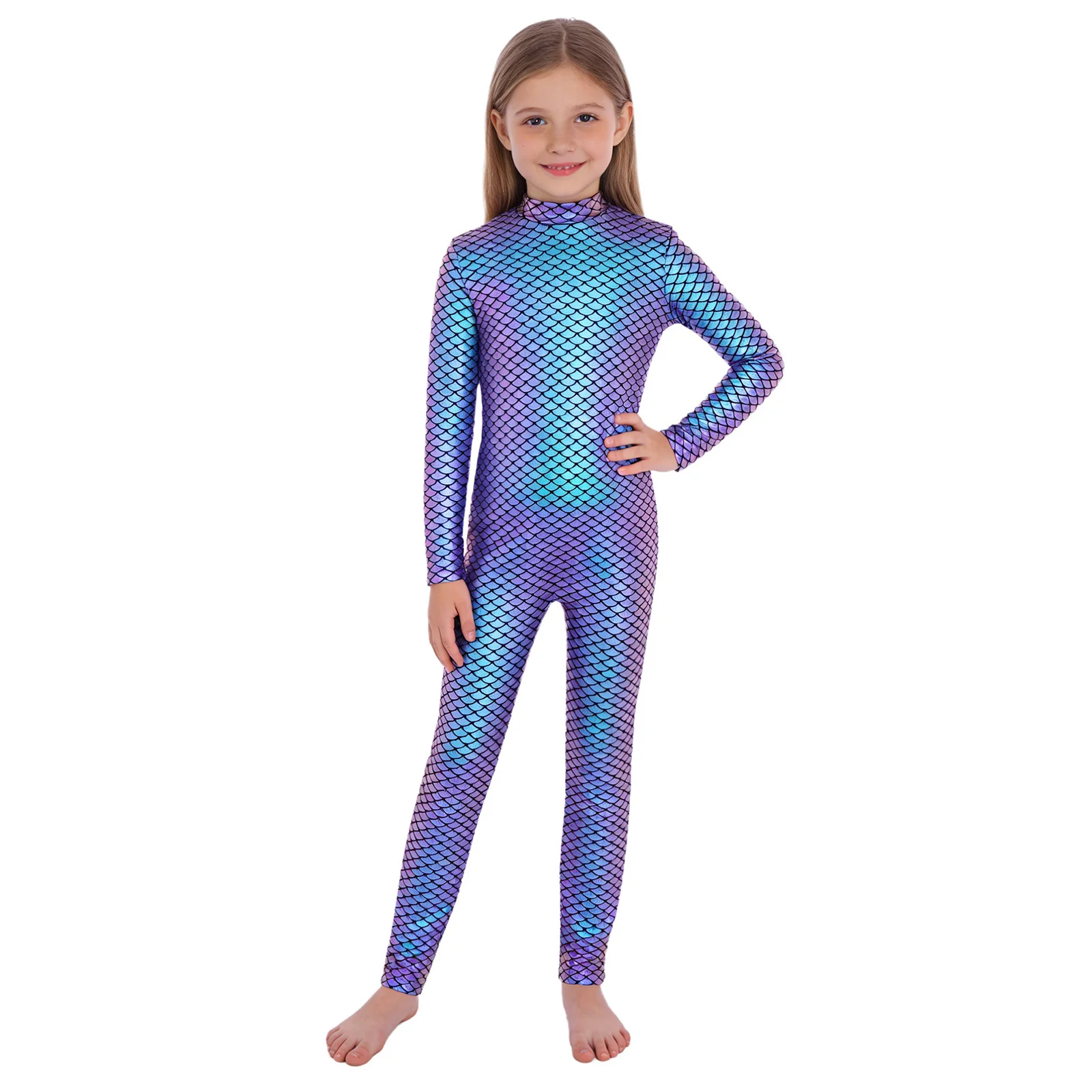 

Kids Girls Gymnastics Dance Jumpsuit Mock Neck Long Sleeve Back Zipper Metallic Fish Scales Bodysuit for Ballet Dance Practice