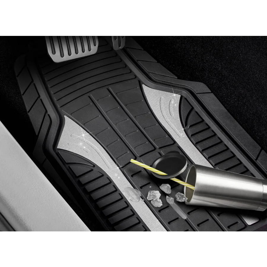 4 قطع من سجادات أرضية السيارة المطاطية باللون الفضي اللامع - مقاس عالمي