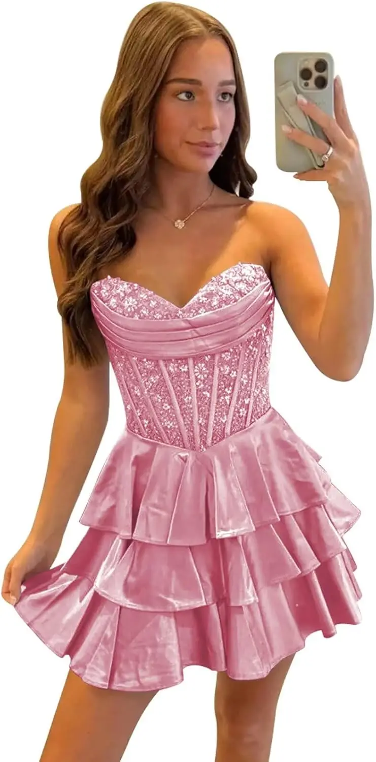 

Выше колена, мини-короткие атласные платья без бретелек для встречи выпускников для подростков, корсет 2025, многоуровневое коктейльное платье с рюшами и бисером