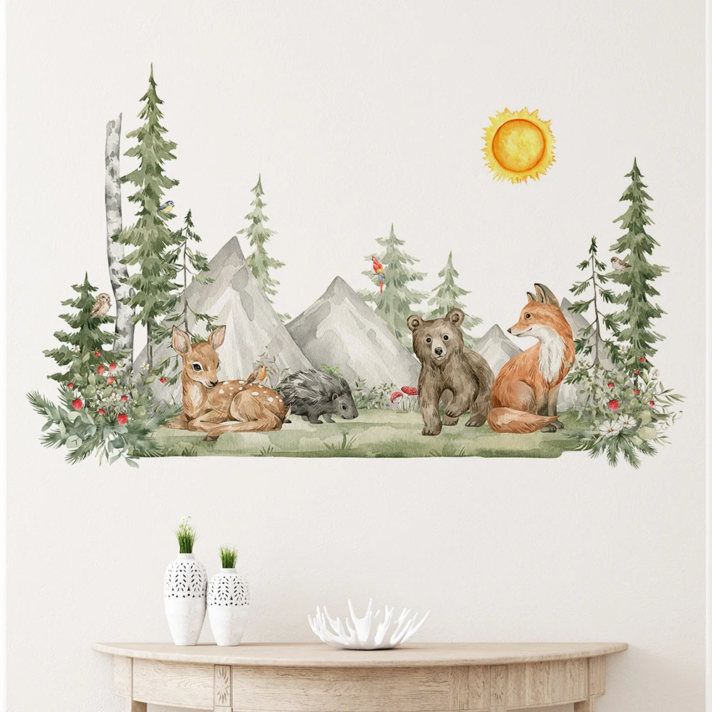 Hand Painted style Animals Forest Wall Stickers for Kids Nursery Baby Room Decor Removable Decals Eco-friendly DIY Posters Art