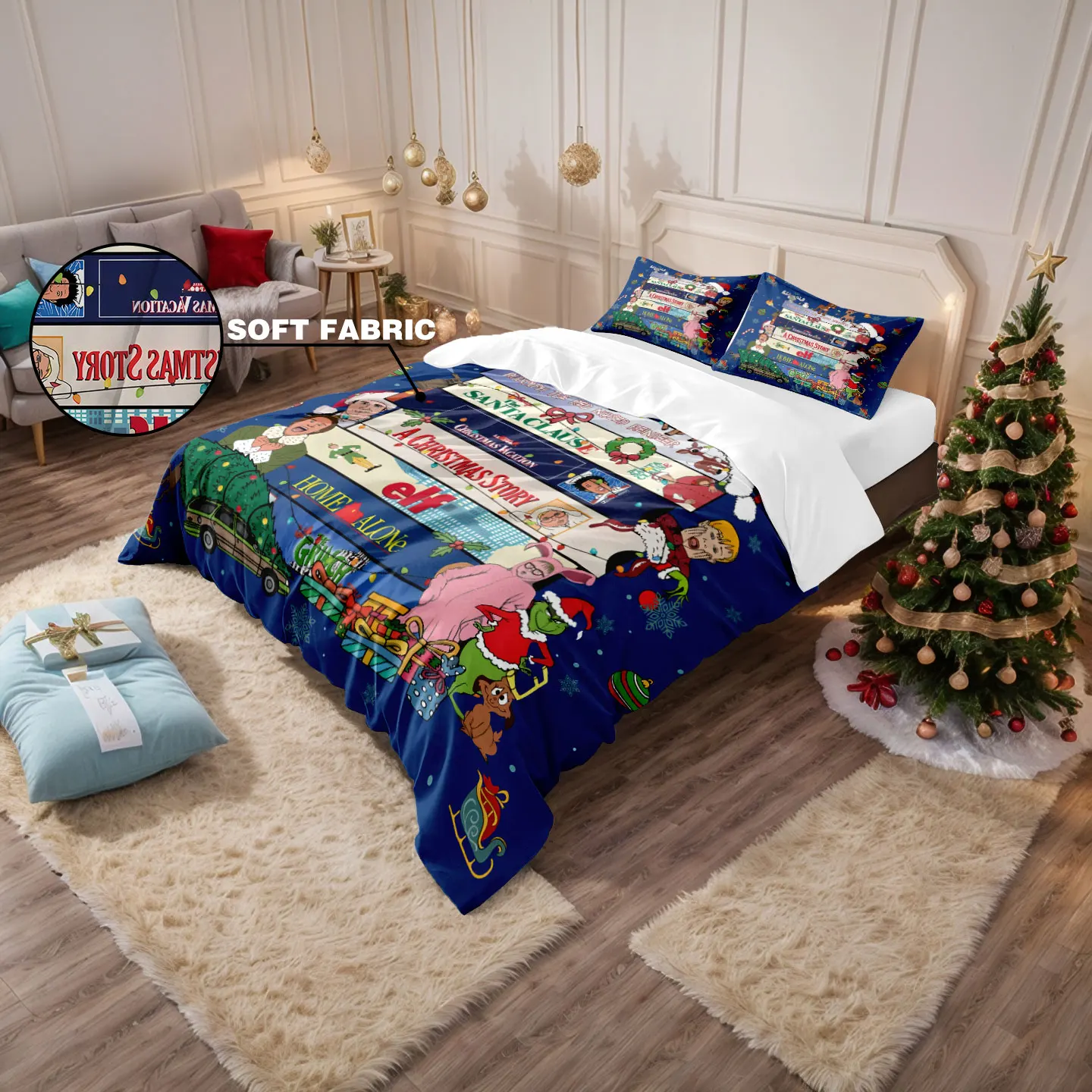 3-teiliges Frohe Weihnachten-Digital-Cartoon-Welt-bedrucktes Chipless-Steppdecken-Set für Schlafzimmer, Schlafsaal, weich, maschinenwaschbar