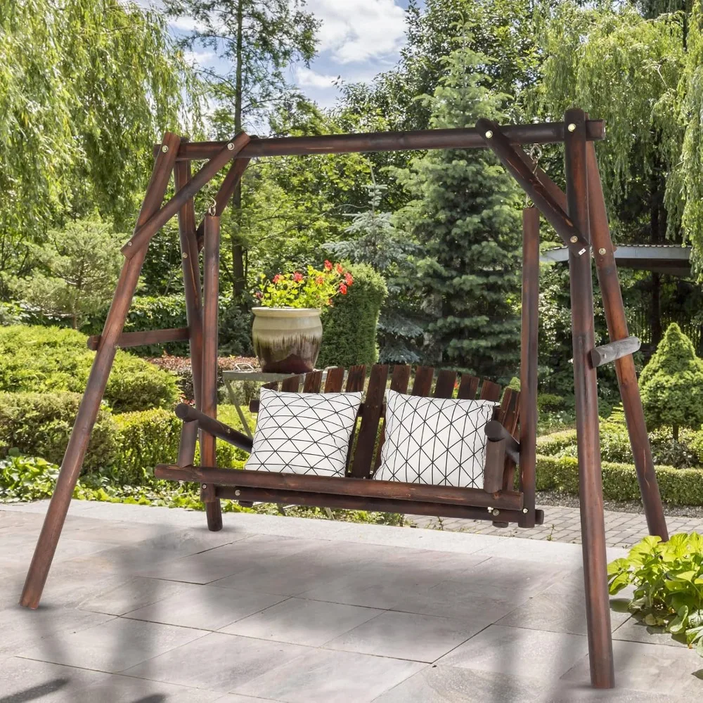 Patio Porch Swing Set, 67 Inch Wood Log Swing Rack with Bench Love Seat Stable A-Frame for Patio Backyard Deck