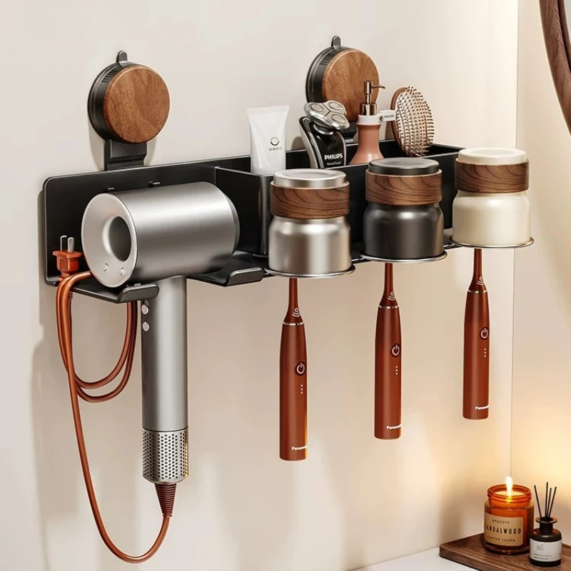 Medieval Style Wall-Mounted Suction Cup Hair Dryer Stand with Toothbrush Holder No-Drill Storage Rack for Bathroom Organization