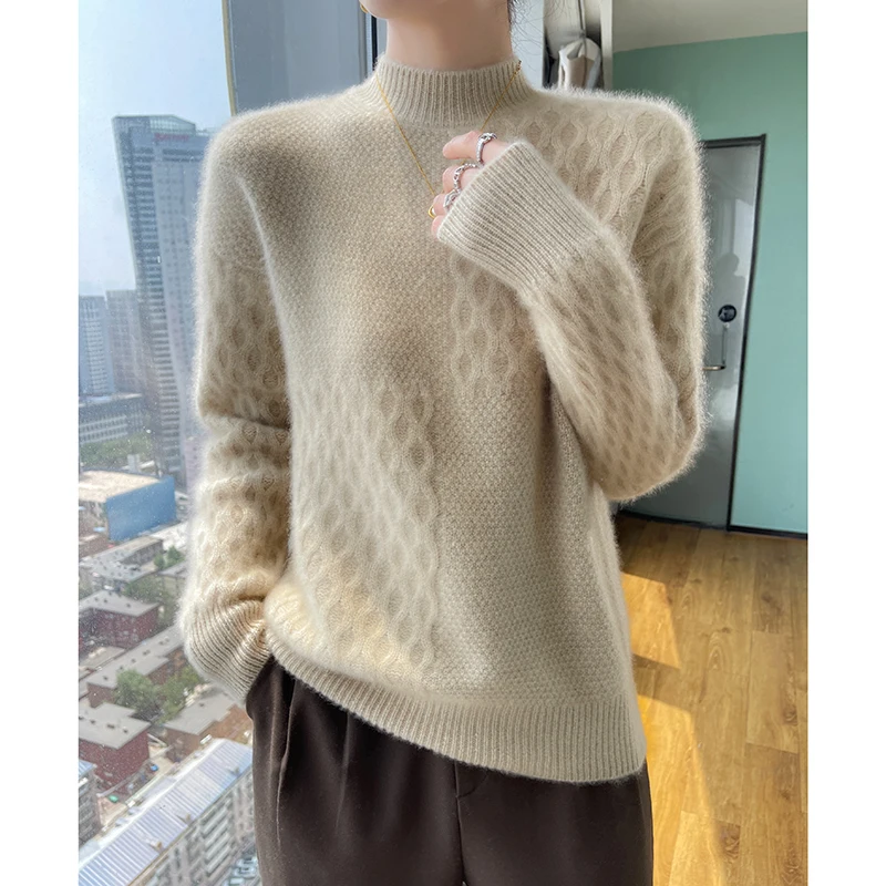 2023 New 100%Wool Winter Thickening Tops Pullovers Fashion Womens Long Sleeve Keep Warm Knitting Ladies Sweater