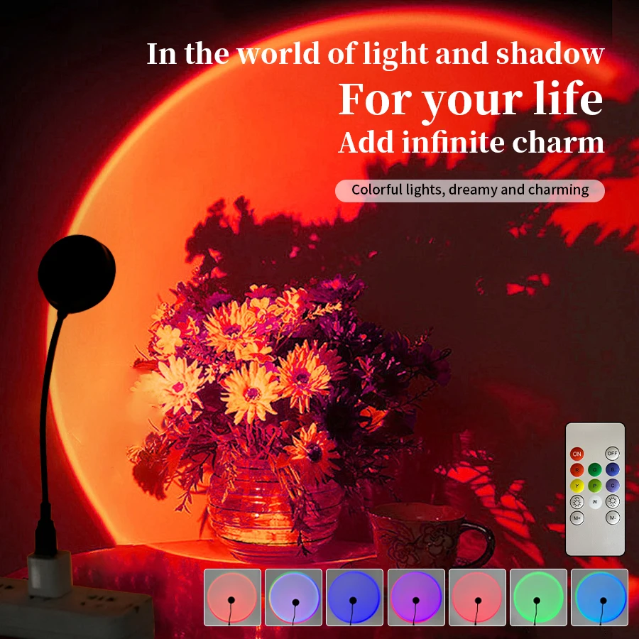 USB Sunset Lamp Night Light with Remote Control RGB Colorful Ambient Light for Holiday Party Lighting Selfie Bedroom Room Decor