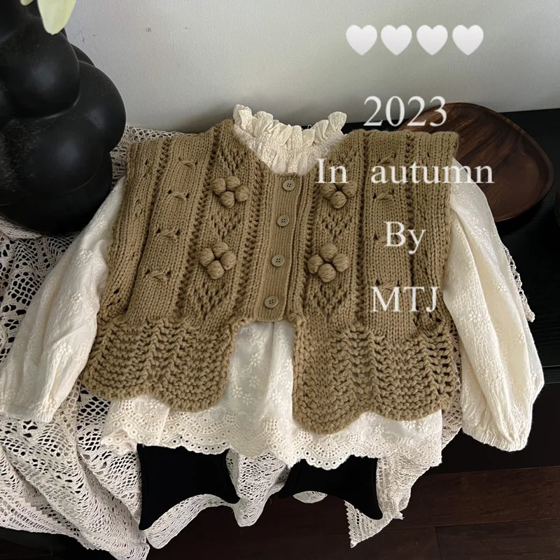 2024 Autumn New Girls Sleeveless Knit Vest Cotton Baby Girl Knitted Cardigan Solid Children Casual Sweater Fashion Kids Clothes