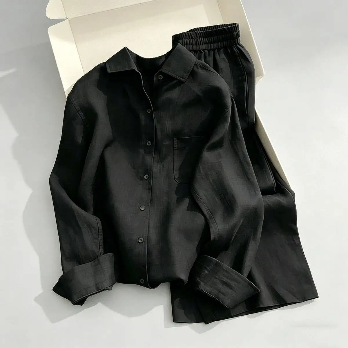 

Elegant Cotton Linen Shirt Women's Summer Casual Loose Lazy Sun Protection Linen Set Preppy Style Full Set High Waist Long Pants