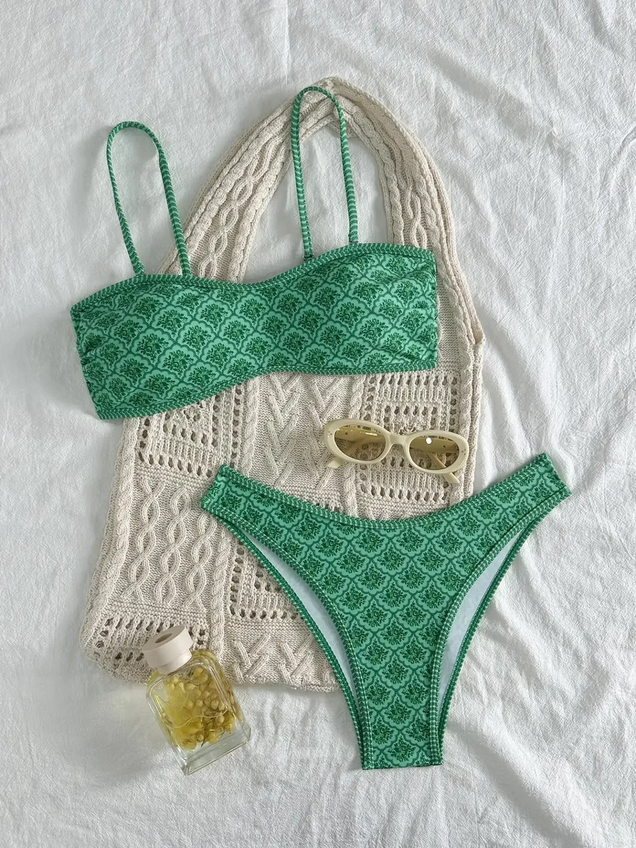 

Sexy Bandeau Bikini 2025 Women Green Floral Pleate Push Up Padded Thong Swimsuit Summer Bathing Suit Two Piece Swimwear Biquini