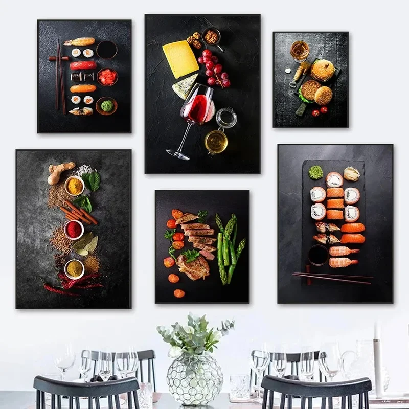 Raw Fish Cheese Sushi Spices Foods Canvas Painting Prints Scandinavian Poster Wall Art Picture for Restaurant Home Kitchen Decor
