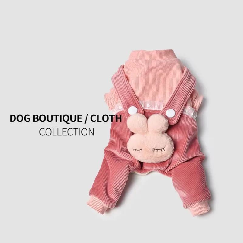 Pet Clothes Autumn and Winter Clothes Plus Velvet Warm Rabbit Head Strap Dog Four-legged Cotton Coat Cat