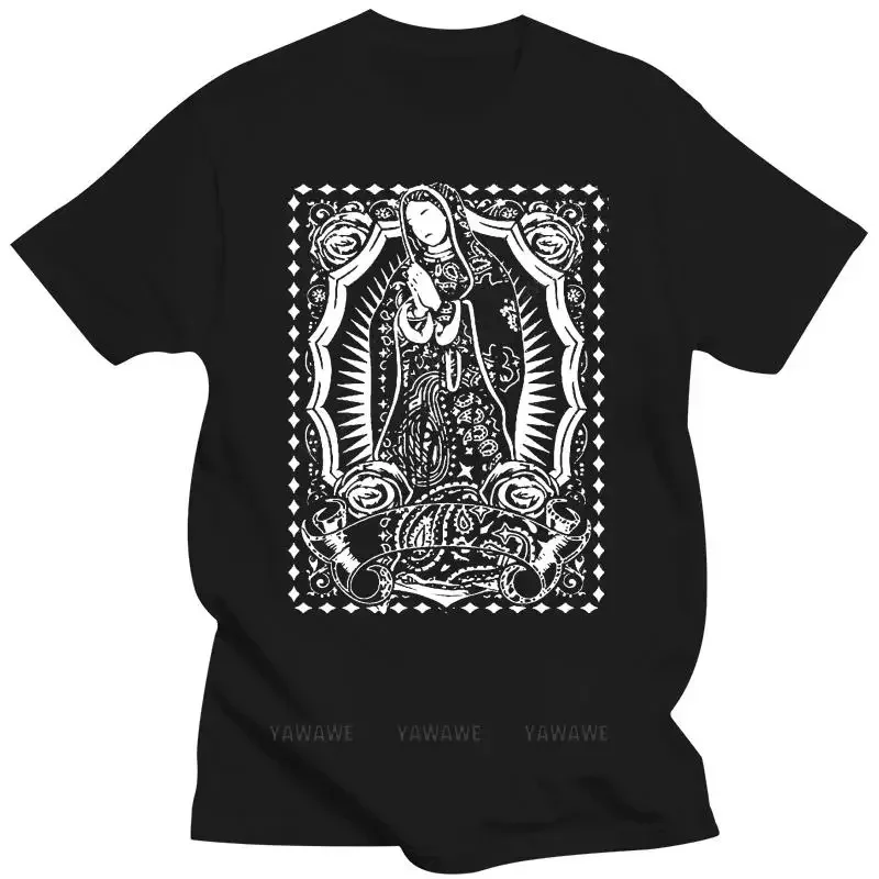 Print T Shirts Mexican Cholo Chicano Art LA Blood Tee Men summer t-shirt funny print short sleeve Virgin Mary Red Bandana