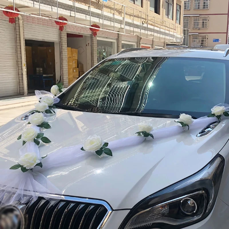 Weiße Künstliche Seidenrose mit Band, Hochzeitsauto- & Türgriff-Dekoration für Brautdekoration