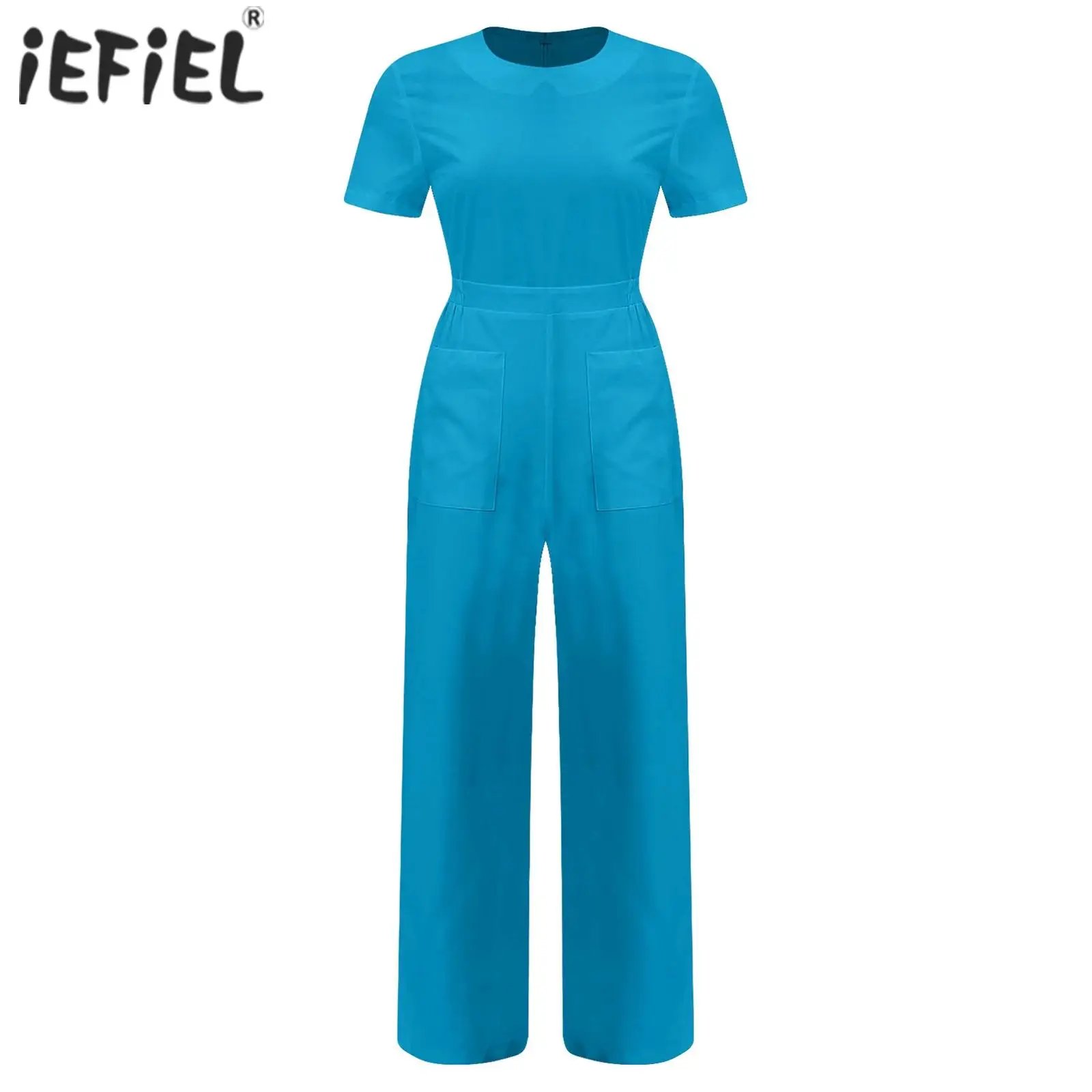Women Medical Scrub Overalls Jumpsuit Loose Fit Rompers Round Neck Short Sleeve Nursing One Piece Work Uniform With Pockets