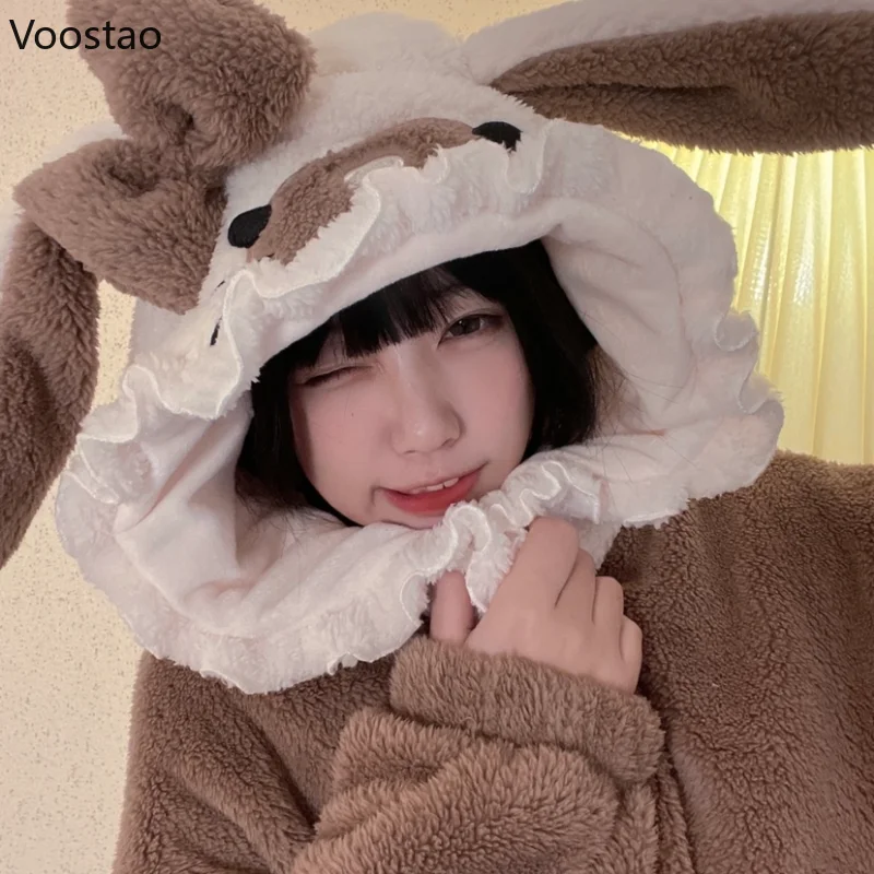 Autumn Winter Women Kawaii Doggy Coral Fleece Hooded Pajamas Sets Cute Plush Warm Sleepwear Girls Sweet Homewear 2 Pieces Set