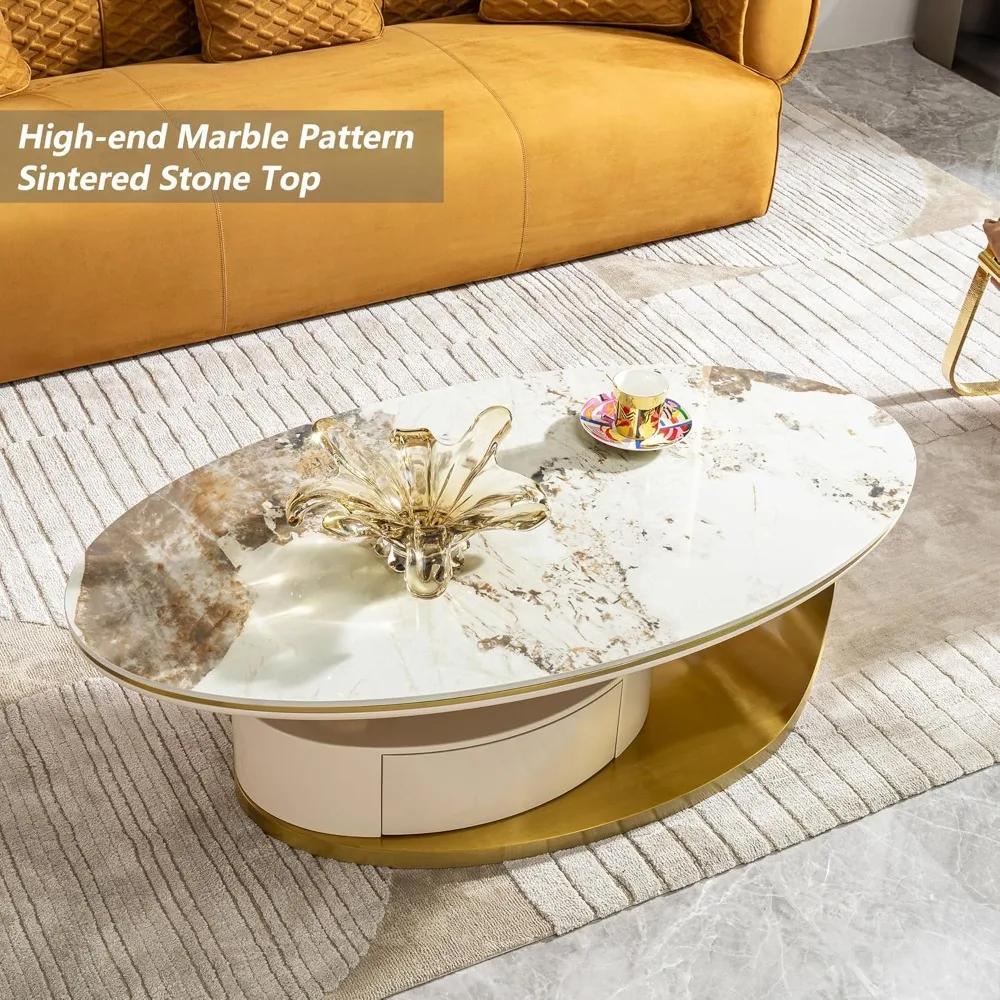 طاولة قهوة رخامية بيضاوية، طاولة غرفة معيشة ذهبية حديثة مع درجين، سطح حجري متكلس مقاس 51 بوصة وقاعدة من الفولاذ المقاوم للصدأ باللون الذهبي غير اللامع