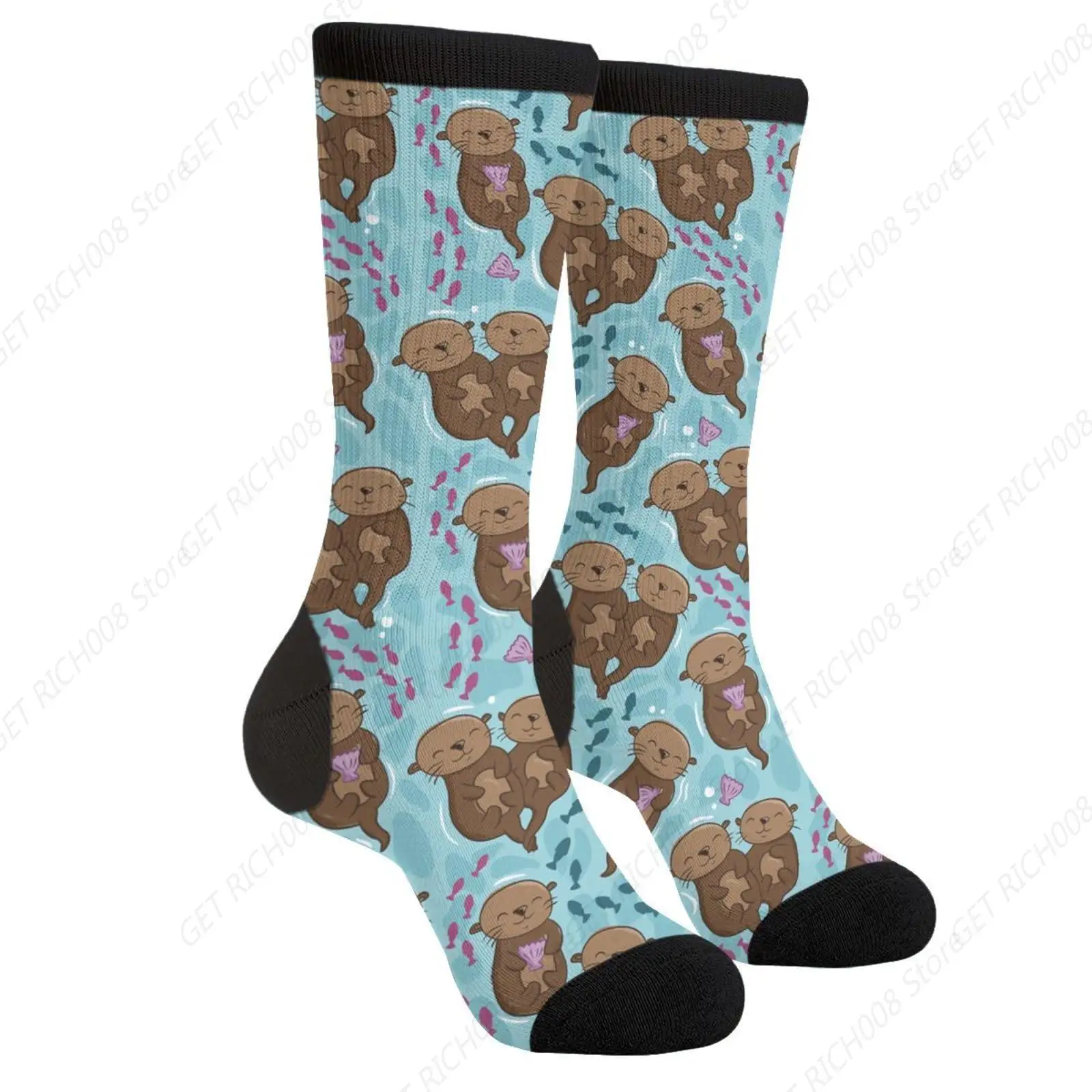 Cute Otter Otters Swim With Fish In The River Novelty Fun Crew Socks Fashion Comfortable Men And Women Crazy Dress Socks