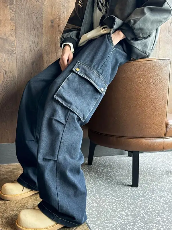 

Deep Blue Straight Leg Workwear Jeans for Men Autumn Winter American Retro Design Teenage Long Pants Loose Fit Straight Leg J...