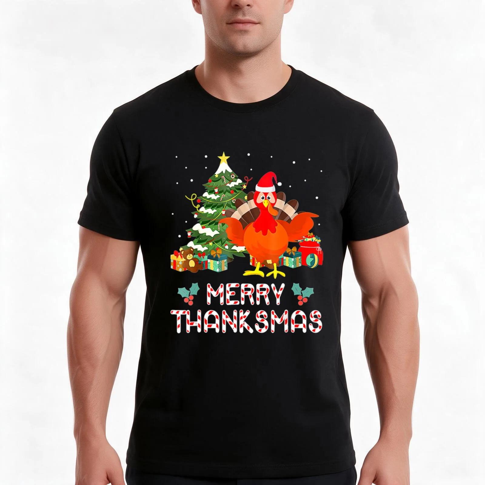 Turkey Santa Merry Thanksmas Christmas Thanksgiving T-Shirt, Summer Casual Cotton Tee, Oversized Streetwear Tops, 100% Cotton