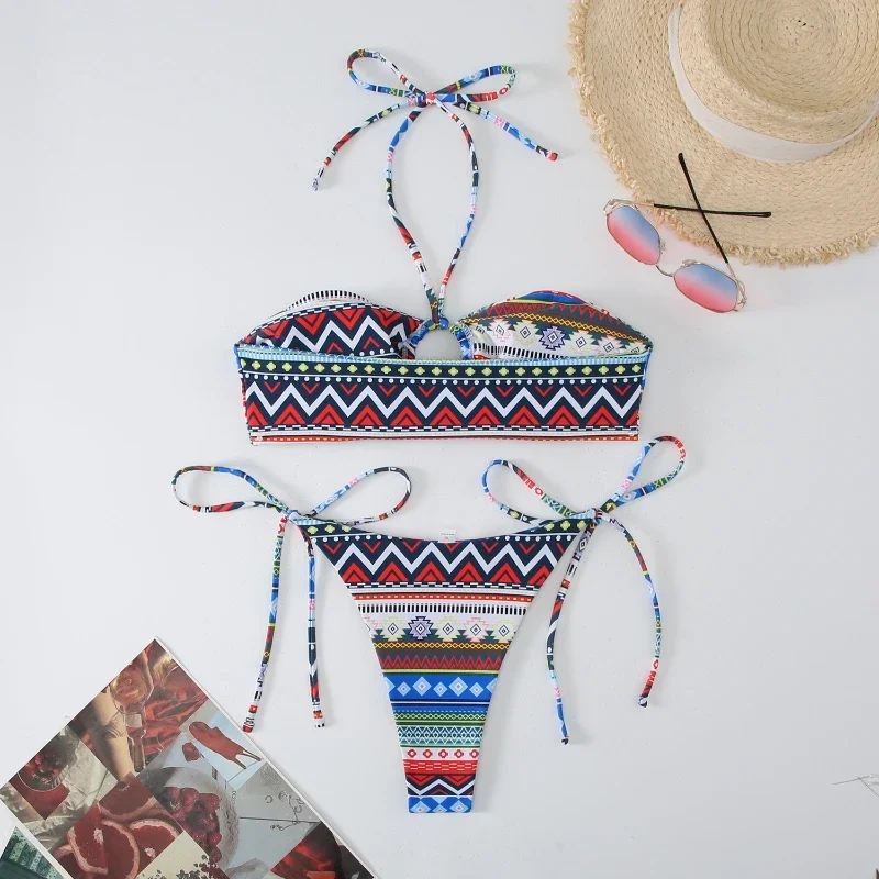 Vintage bikini kwiatowy nadruk stroje kąpielowe damskie trójkątny strój kąpielowy bikini zestaw mikro stringi bandaż kostiumy kąpielowe seksowne kostiumy kąpielowe