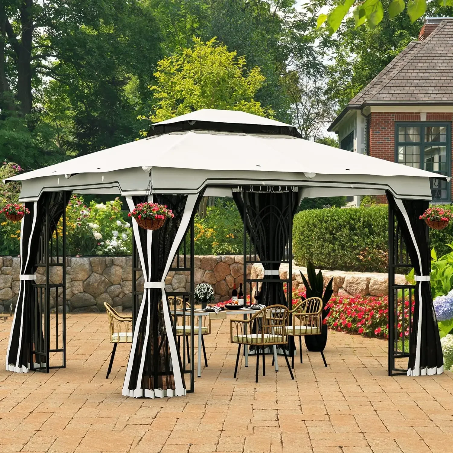 

10x12 Gazebo Outdoor Canopy Double Roof with Removable Netting, Vented Soft Top with Metal Frame for Patio, Backyard, Deck