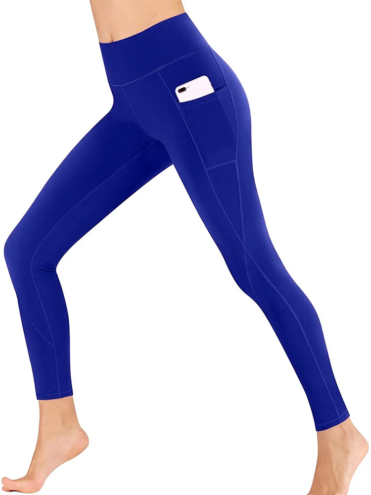 Collant push up Nuovi pantaloni da yoga Leggings da donna in poliestere per tasche fitness Vita alta Lunghi solidi neri per il controllo della pancia