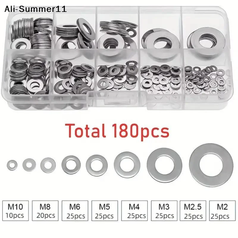 【A6L】Set di 180 Rondelle Piatte in Acciaio M2-M10 con Scatola Portaoggetti, Elementi di Fissaggio O-Ring, Superficie Lucida, Facile Installazione