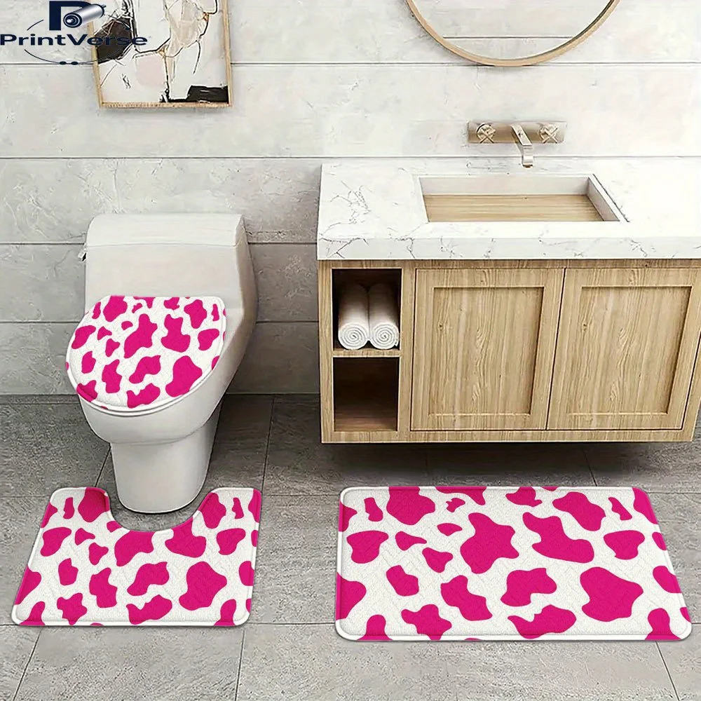 3pcs Sophisticated Pink and White Cow Print Washable Bathroom Mats Suitable for toilets and bathroom doorways, Toilet Lid Cover,