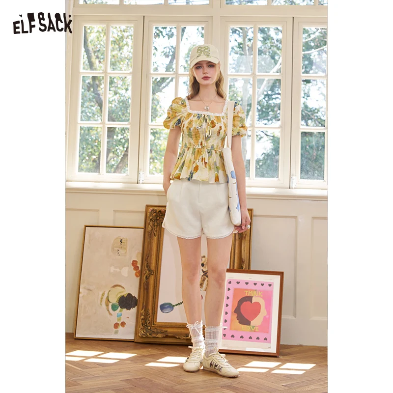 ELFSACK 2025 Summer New Lace Splicing Imitation Cotton and Hemp White Casual Women's Shorts