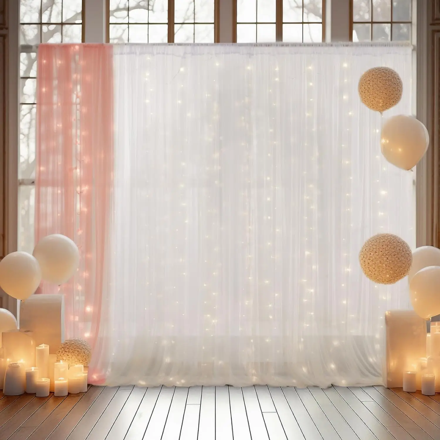 Cortina de pano de fundo de tule branco com corda de luzes para festa de casamento 40 × 10 pés cortinas de fundo transparentes cenário de cortina branca