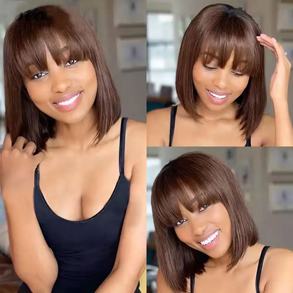 Fringe Wig Human Hair Short Bob Wig Eruopean Straight Human Hair Wigs With Bang Full Machine Wig Cheap Human Hair Wigs Under $50