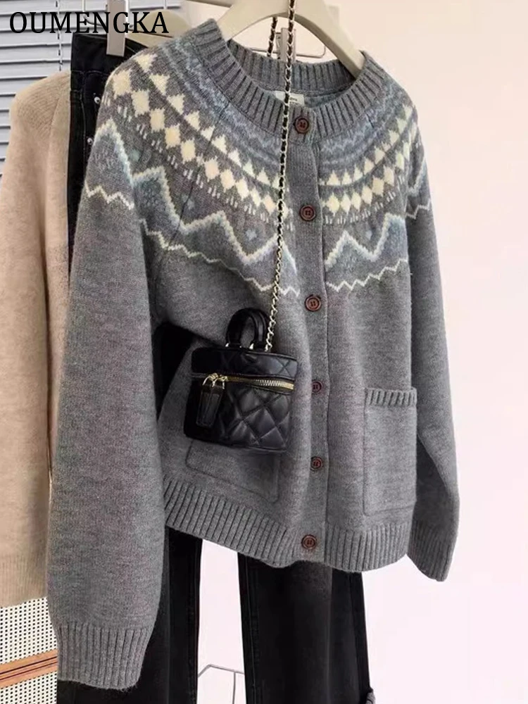 Women Fashion Jacquard Single Breasted Knitted Sweater Vintage O-Neck Long Sleeves Female Chic Lady Outfits Cardigan