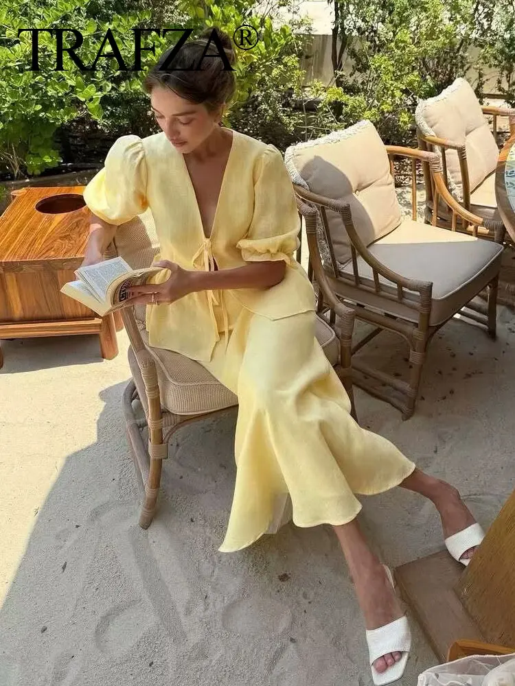 

TRAFZA Summer Vintage Solid Cotton Linen Set Short Puff Sleeve V-neck Lace-up Shirt+Fish Tail Hip Skirt Female Holiday Chic Suit