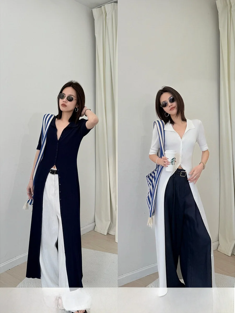 

Long Silk Knitted irt Slim Fit Five-Quarter Sve Turn-down Collar MUCCHIC Paper Person Spring 2025 Ladies Faion