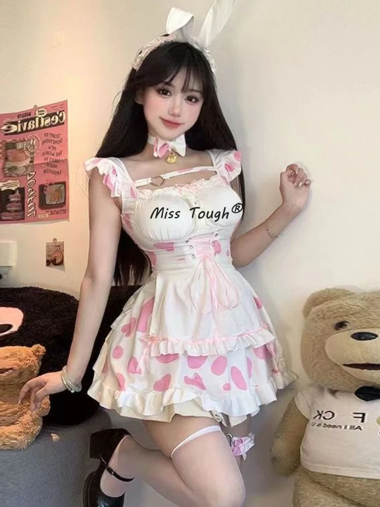 Japanese Cute Sexy Lolita Dress Women Sleeveless Fairy Bow Strap Kawaii Dress Summer Sweet Chic Print Mini Short Y2k Dress 2024