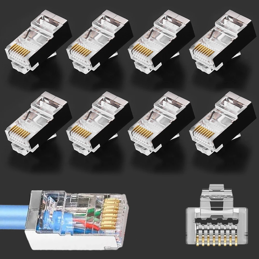 RJ45 Connector CAT6 CAT5e CAT7 Gold Plated Modular Plug PC Network Cables Adapters Pass Through 8P8C Ethernet Cord Plugs