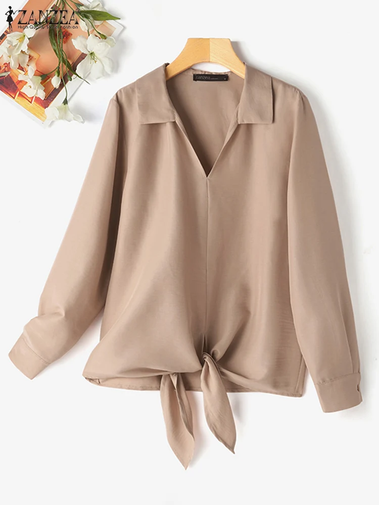 

ZANZEA OL Work V Neck Blouses Long Sleeve Women Fashion Stylish Blusas Casual Loose Solid Color 2024 Spring Tied Hem Shirts