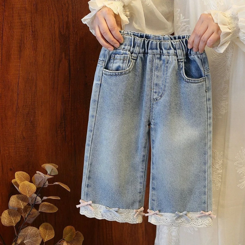 

2026 New Summer Hot Selling Girl's Wide Leg Stylish Versatile Butterfly Bow Casual Cowboy Pants