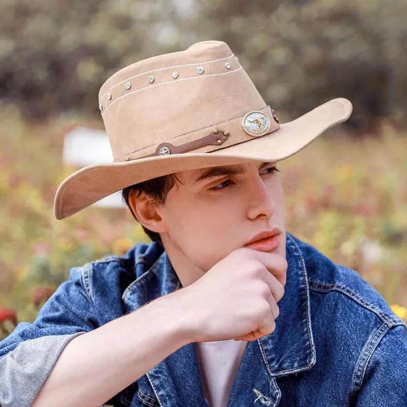 Classic Western Men\'s Cowboy Hat Women Cowgirl Cap Faux Leather Black Outdoor Gentleman Sombrero Hombre With Windproof Rope