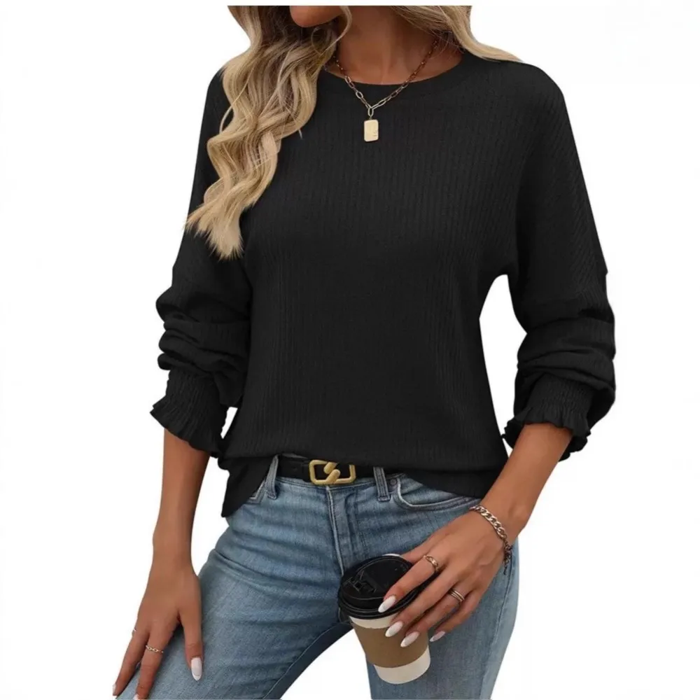 Casual Solid Color Round Neck Long Sleeve Loose T-shirt For Women Simple Style All-match Commuting Casual Trendy Comfortable