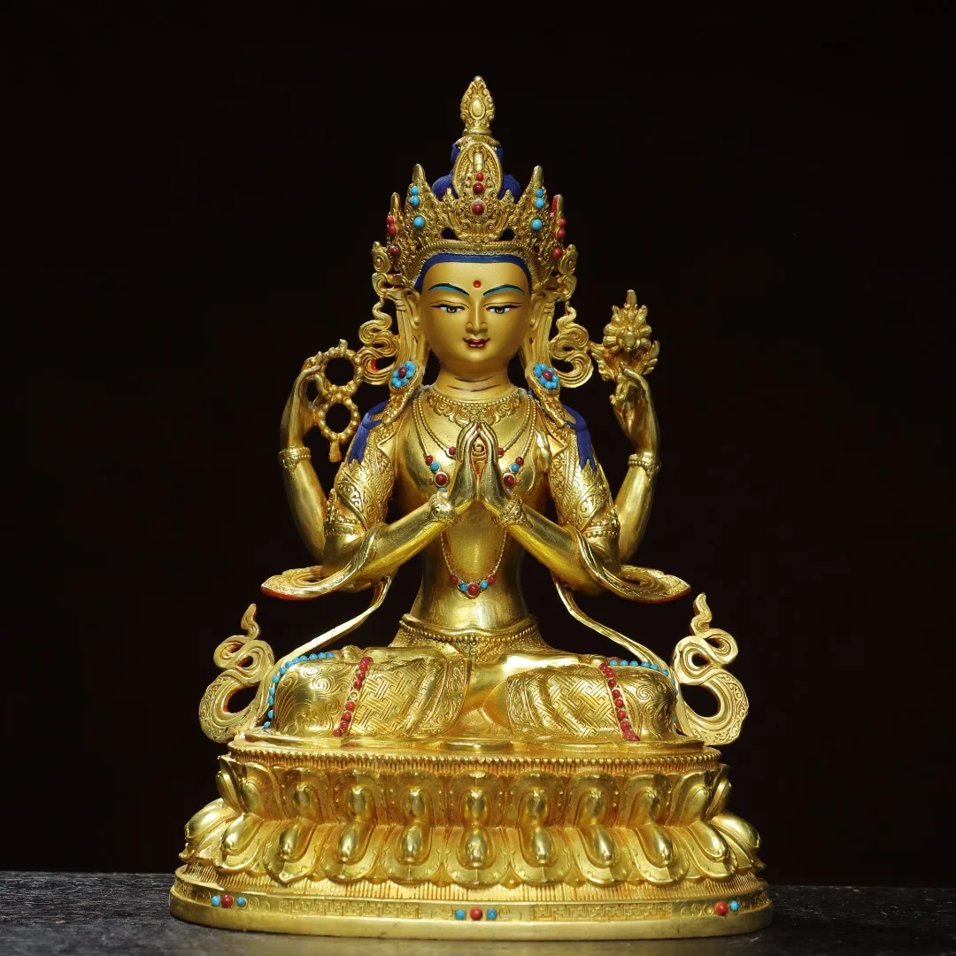 Bronze Gilded Mosaic Gem Four armed Guanyin Lotus Terrace Sitting Buddha Worship Hall