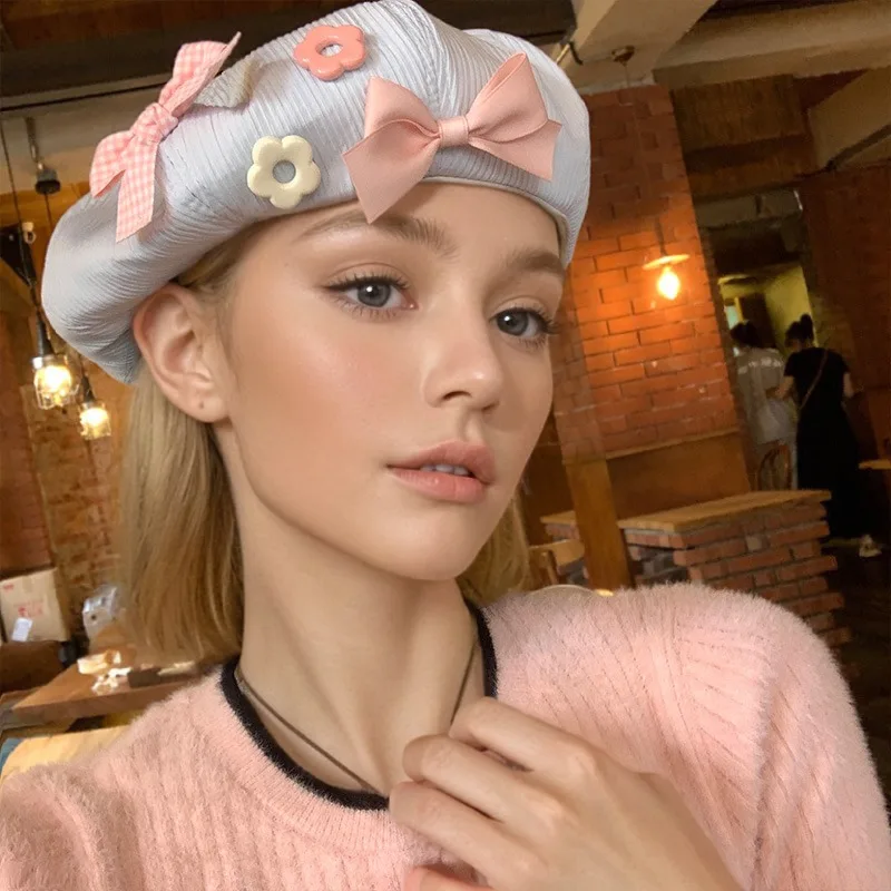 Boina de color crema con nudo de mariposa y nube para niña, bonito sombrero de artista con estampado grande, transpirable y cómodo, adecuada para todas las estaciones