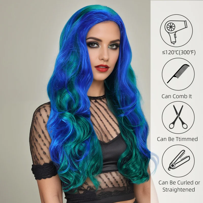 Synthetic long curly hair with blue highlights, natural and realistic lace part wig