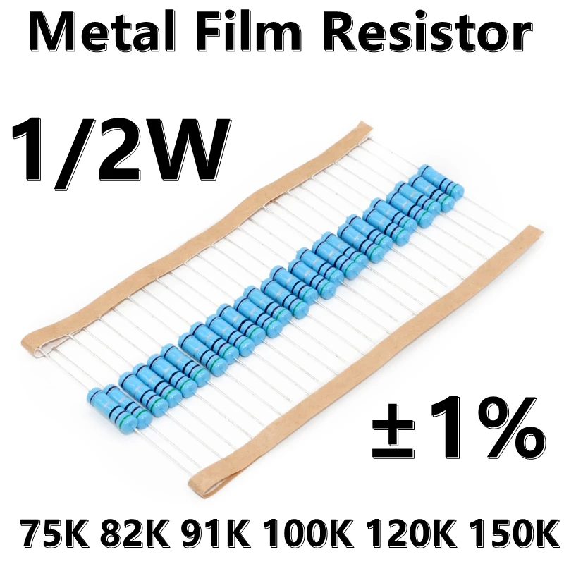 ตัวต้านทานฟิล์มโลหะ1/2W 1% ตัวต้านทานความแม่นยำของแหวนห้าสี (100ชิ้น) 75K 82K 91K 100K 120K 150K