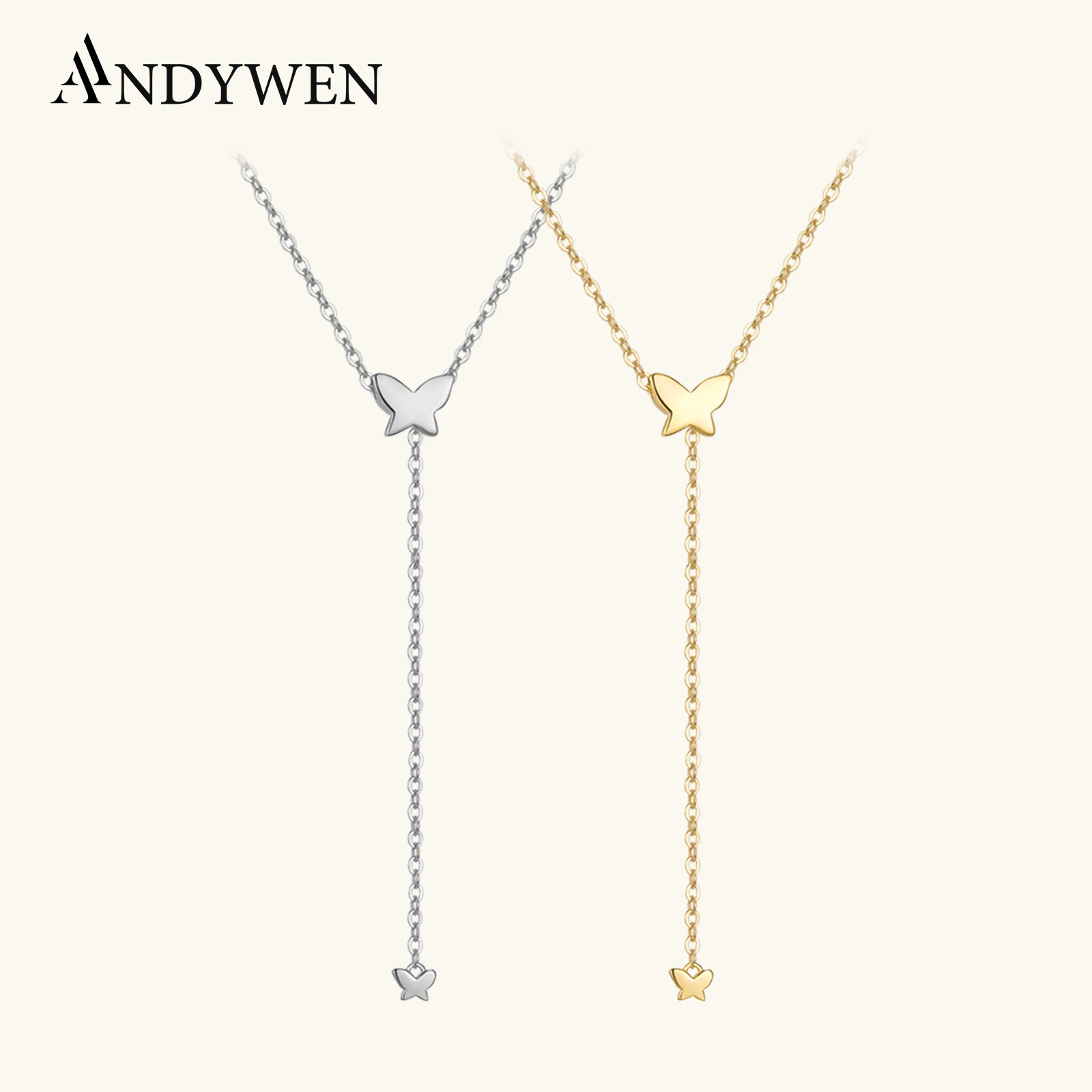 

ANDYWEN, регулируемое ожерелье из стерлингового серебра 925 пробы, золото, бабочка, длинная цепочка, женский пирсинг